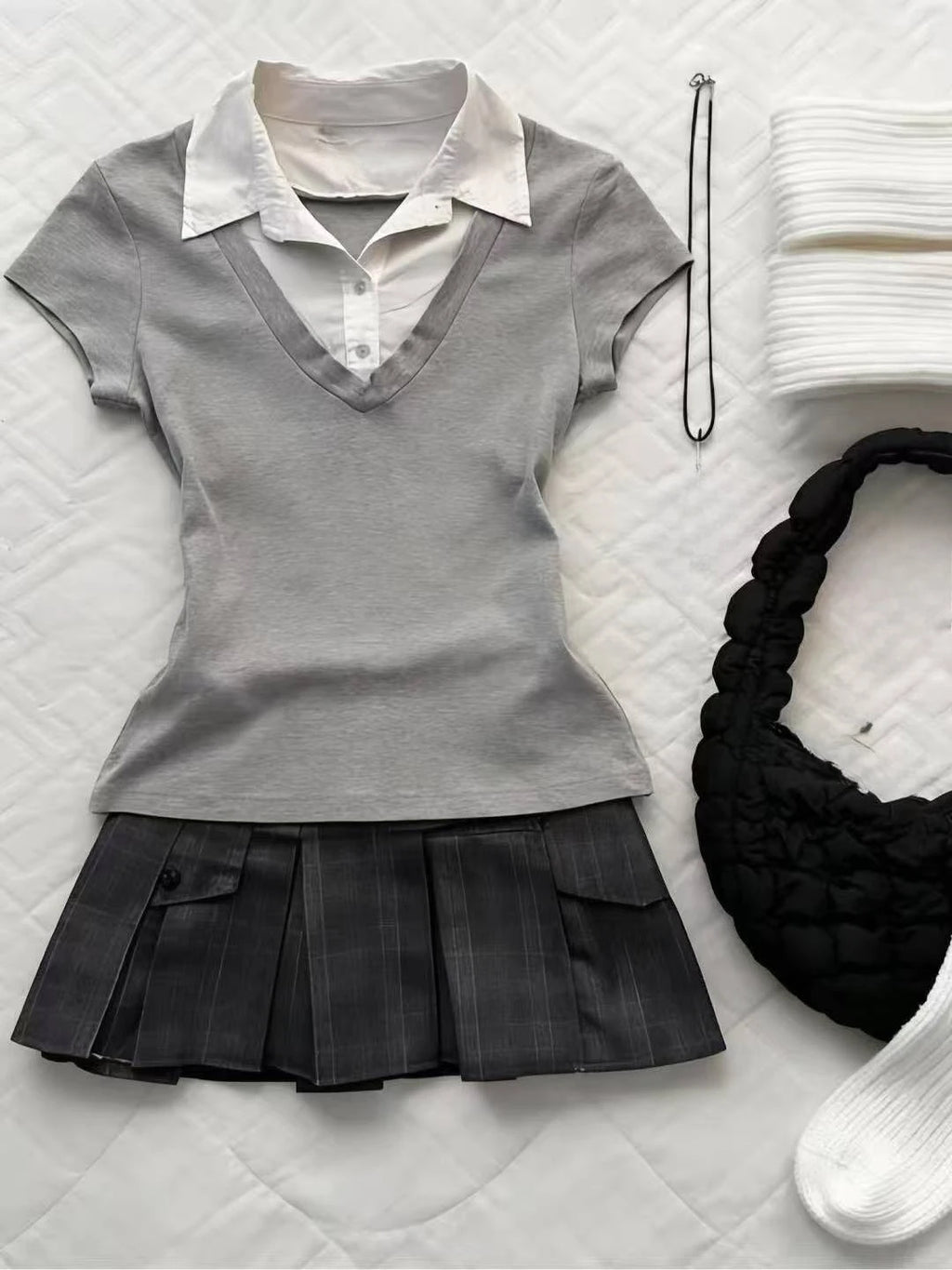Women Retro Sweet Two‑Piece Outfit Plaid Short Sleeve Top High Waist Pleated Skirt Y2K Harajuku Style Hot Girl Summer Daily Suit