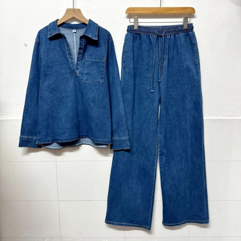 Vintage Denim 2 Piece Sets Women Outfit Spring Clothes Women 2026 Long Sleeve Shirt Top Straight Jeans Pant Set Cowboy Woman Set