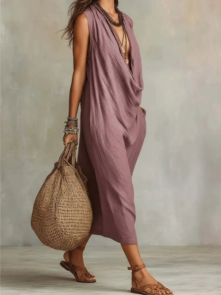 Elegant Cotton Linen Long Dress for Women Loose Draped Neckline Sleeveless Pocket Vestido Summer Casual Beach Vacation Dresses