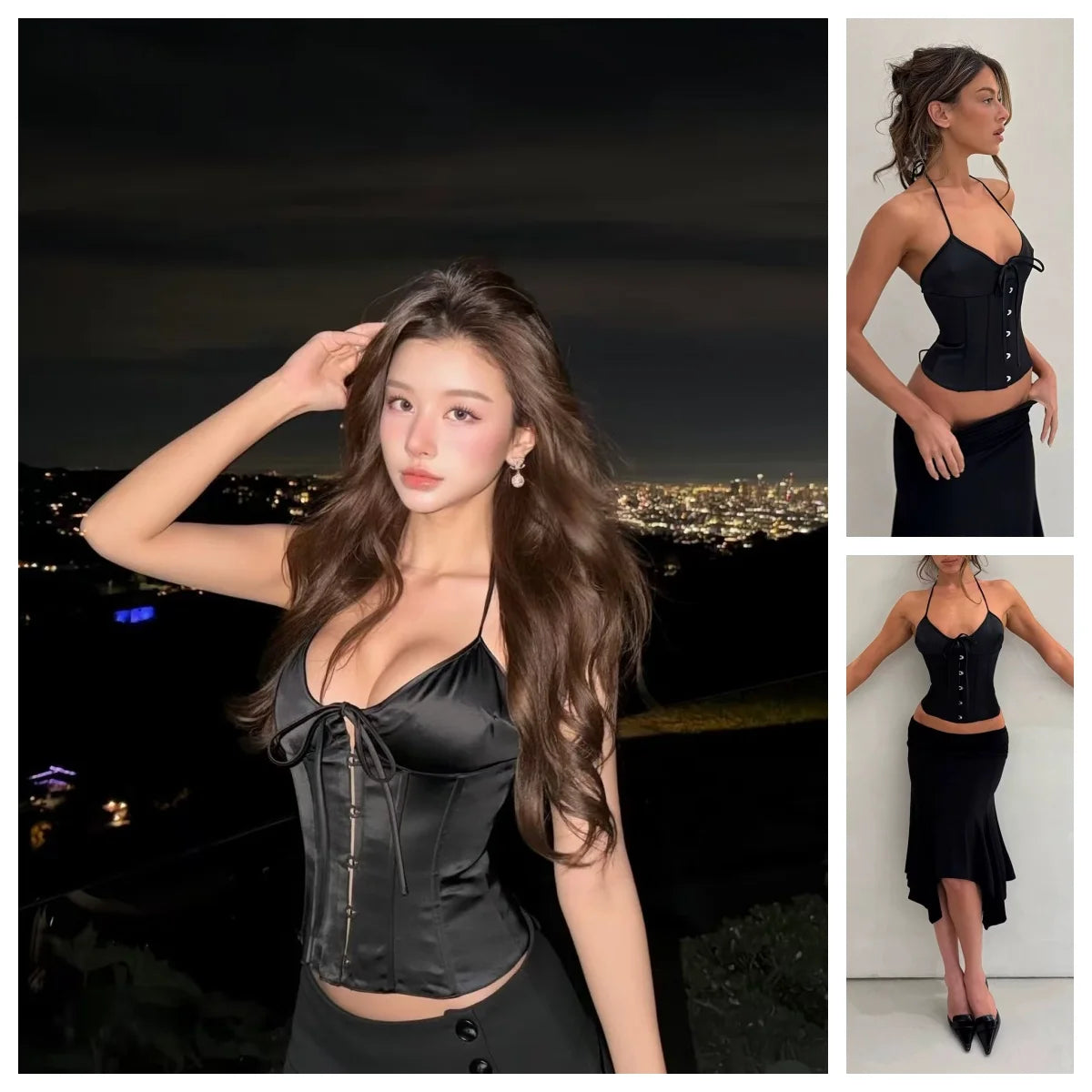 Guiz black satin herringbone corset with spaghetti strap V-neck design and adjustable back ties for a slim, elegant look