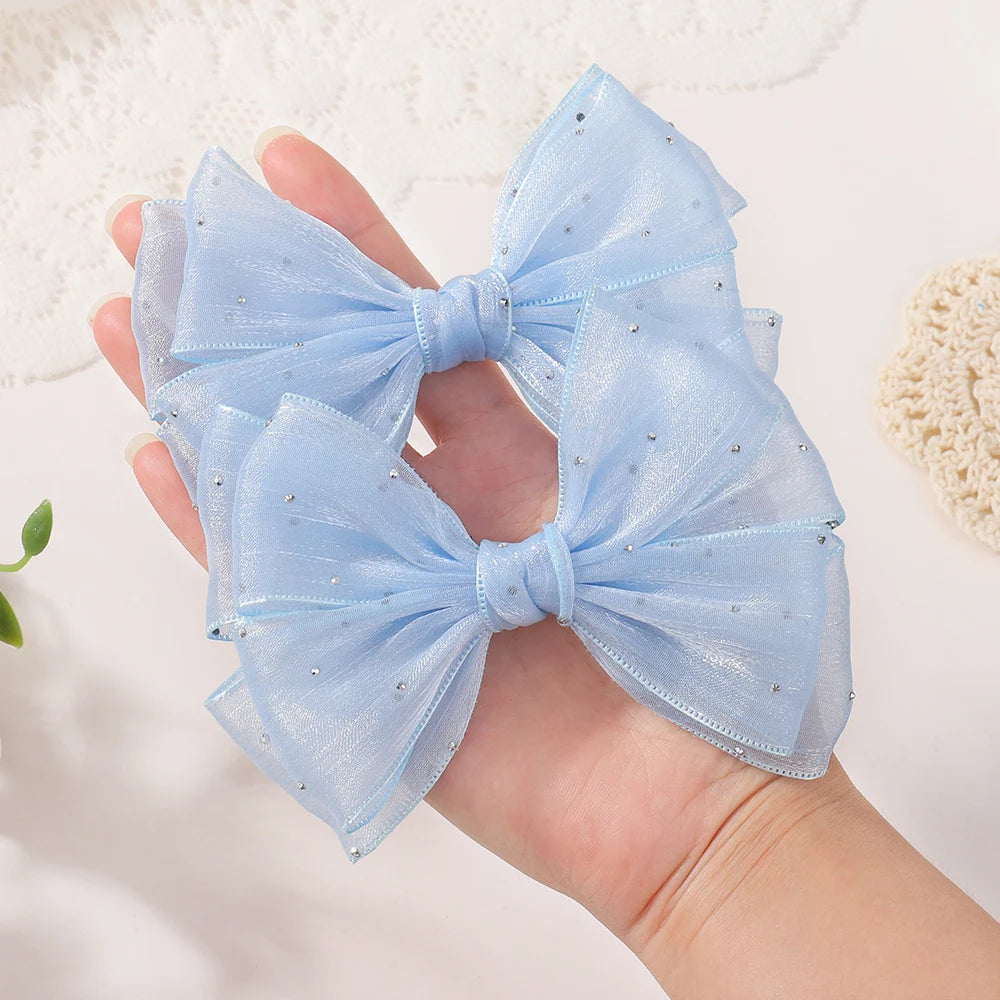 2Pcs Exquisite Princess Bow Hair Clip Set 4.72 Inches Diamond Sets Bow Children's Hairgripes Ladies' Sweet Ponytail Hair Clip