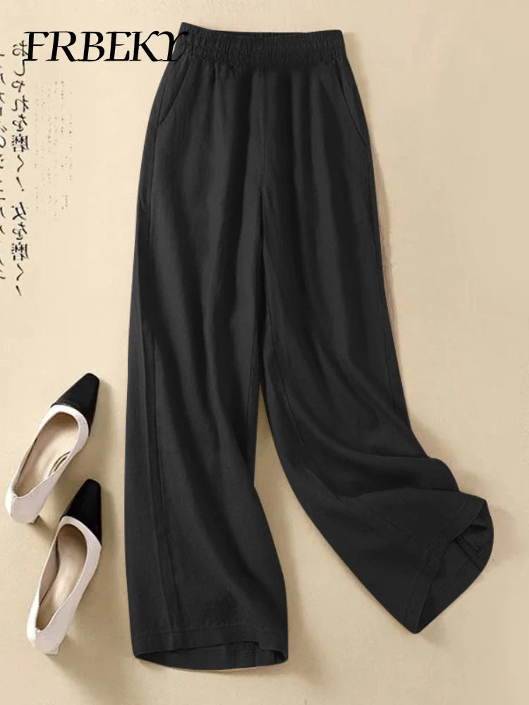 Women's Pants Summer Cotton Linen Wide-legged Elastic Waist Tie Casual Pants Loose Versatile High-waisted Straight Trousers