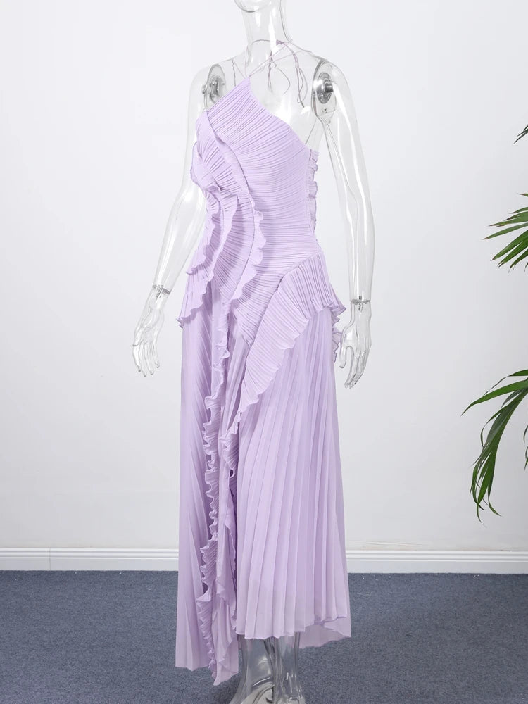 Bohemian Blue Pleated Halter Maxi Dress Women Gentle Sleeveless Asymmetric Ruffles Vestido Romantic Dinner Date Night Gowns 2026