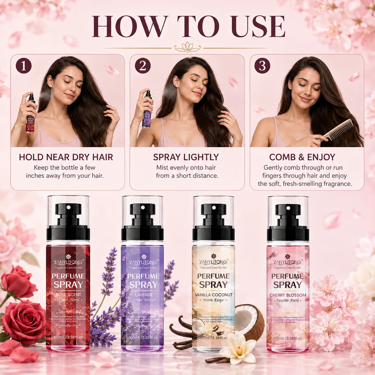 Four Scented Spray Options for Hair Care, Featuring Long-Lasting Fragrance, Moisturizing and Nourishing Properties, and a Silky,