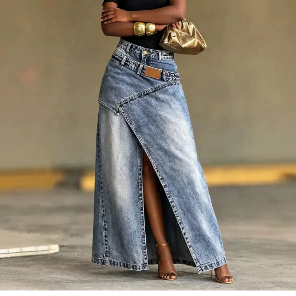 Washed Denim Maxi Skirt High Waist Asymmetric Front Slit Long Jean Skirt Irregular Patch Women Casual Split Denim Long Skirt
