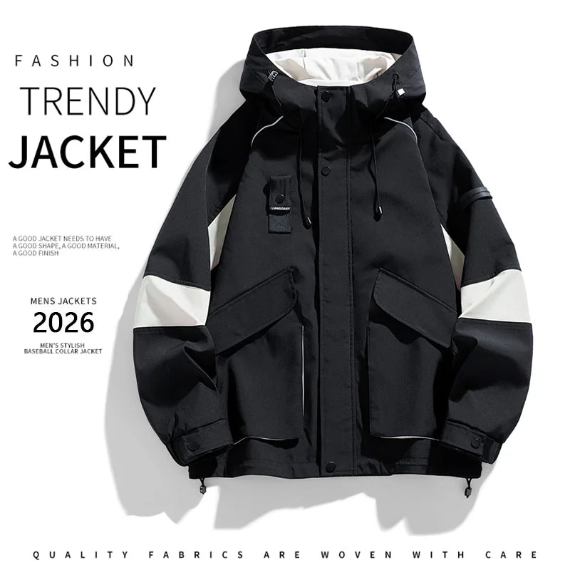 2026 Men Spring Autumn Outdoor Leisure Cargo Hooded Jacket Men Hiking Sport Windbreak Fashion Pocket Loose Jacket Coat Male Hots