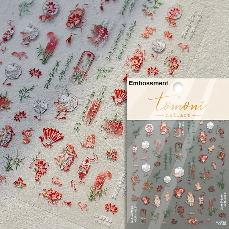 Elegant Chinese Charm Shiny Nine-tailed Fox Mask Red Equinox Flowers Tragedy Love Soft Reliefs Nail Art Stickers Manicure Decals