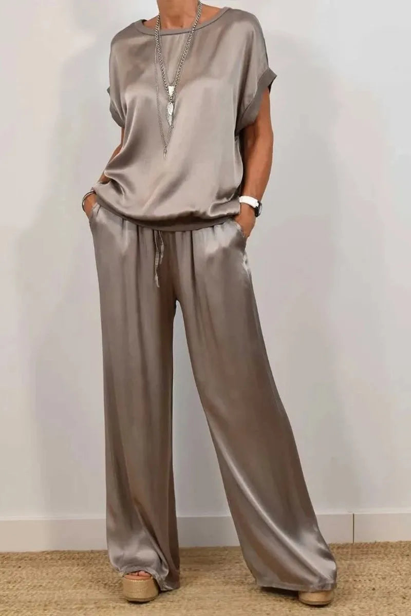 Spring Summer Fashion Solid Smooth Satin Two Piece Sets New Women's O-neck Short Sleeve Top + Wide Leg Pant Casual Loose Set
