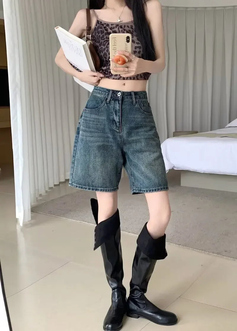 Summer High Waist Retro Jean Shorts for Women Loose Straight Denim Fashion Versatile Leisure Shorts Women's 2026