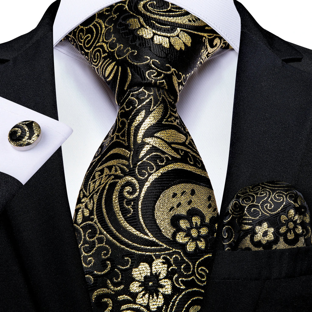 8cm Men's Polyester Ties Pocket Square Cufflinks Green Gold Paisley Wedding Party Accessories Necktie Gift