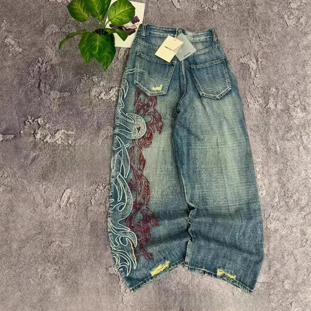 Y2K American New Pattern Embroidery Baggy Jeans Couple Pants mid Waist Straight Leg Loose Fit Teenager Jeans Casual Trousers
