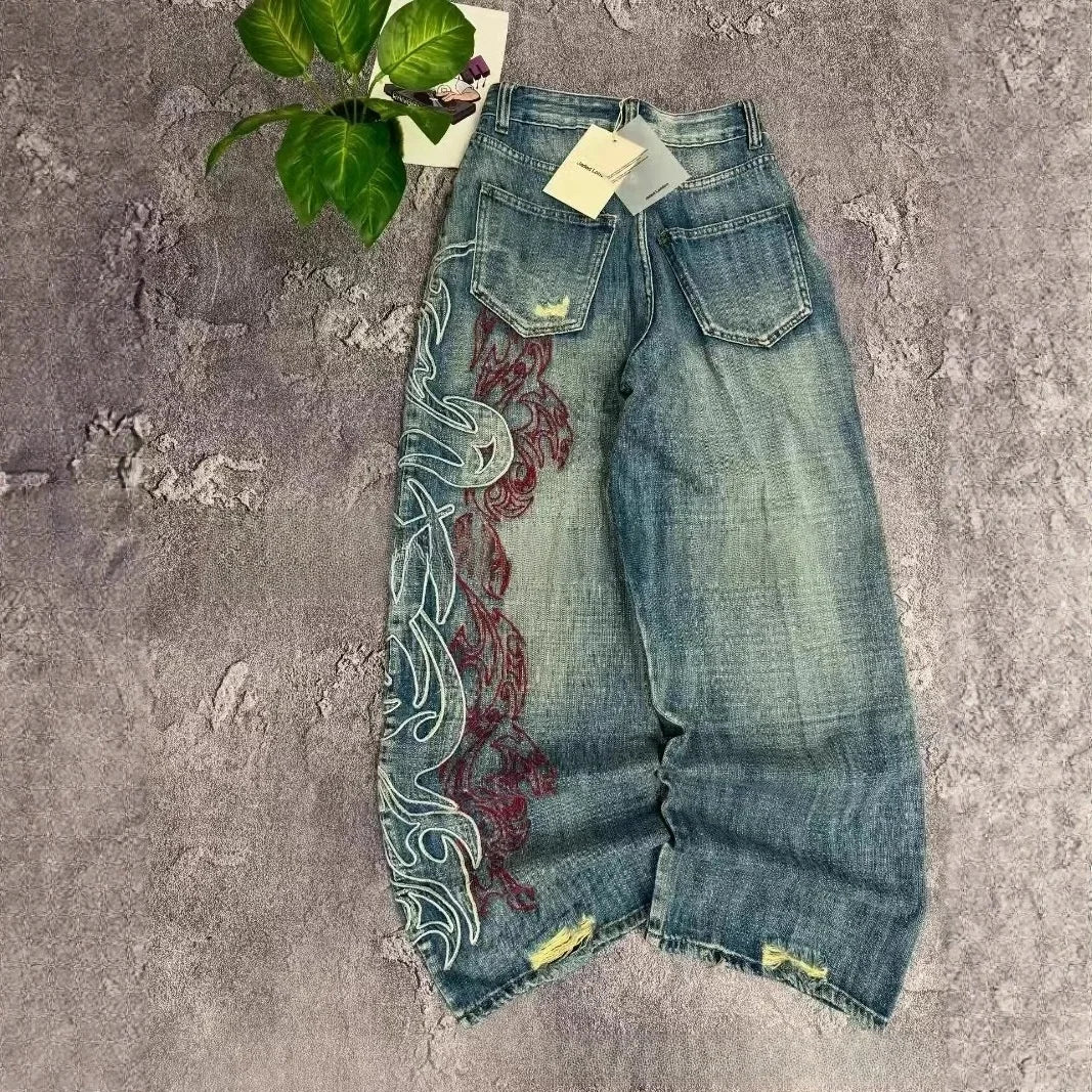 Y2K American New Pattern Embroidery Baggy Jeans Couple Pants mid Waist Straight Leg Loose Fit Teenager Jeans Casual Trousers