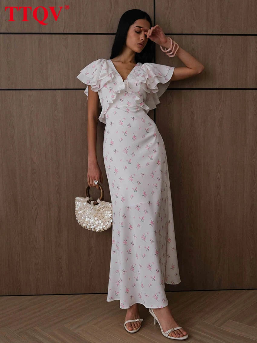 TTQV Sexy Loose Print Women's Dress 2026 Summer V-Neck Short Sleeve Ankle Length Dresses Elegant Classic Ruffles Female Dress