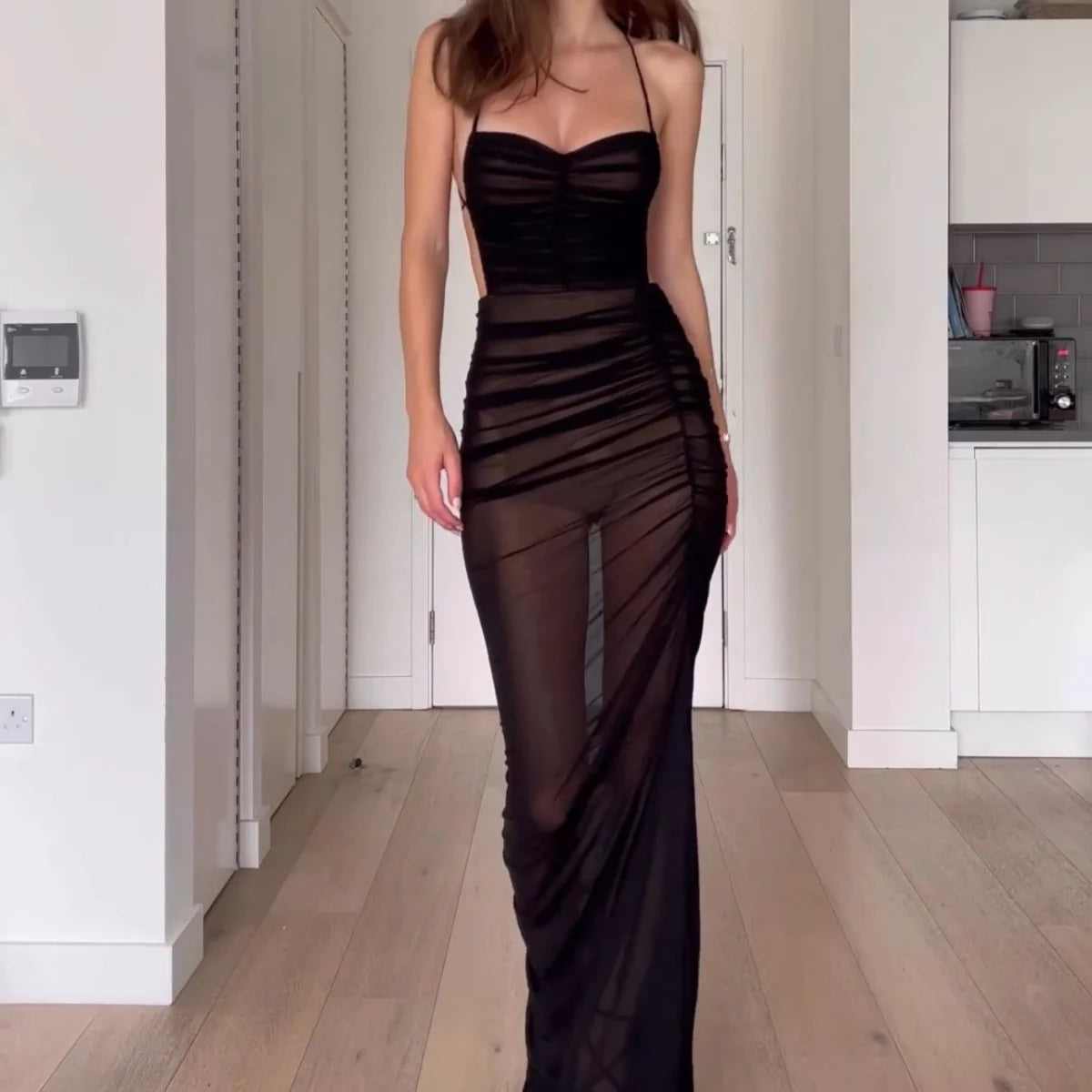 Sexy See-through Mesh Long Dress High Split Halter Pleated Maxi Dresses Prom Party Vestidos Women Backless Outfit Beach Sundress