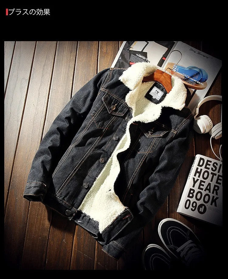 Autumn Winter Fleece Denim Jacket Men's Slim Thick Sherpa Casual Outerwear