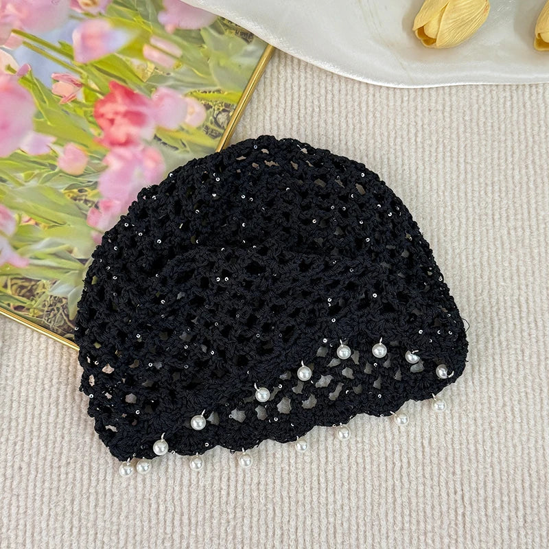 Fashion Hollowed Out Woven Pullover Hats Crochet Breathable Beret Cap Pearl Fringed Retro Beanies Cap for Women Summer Korean