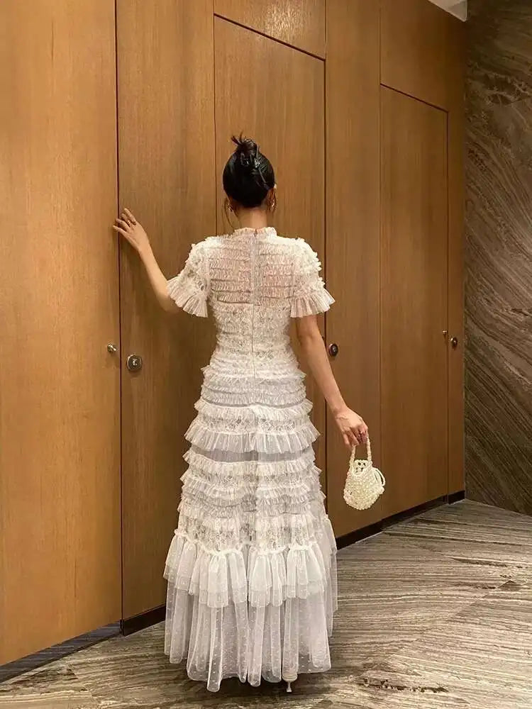 Eshin Elegant Midi Dress Short Sleeve Summer Spring New Fashion Design Women Runway Mesh Ruffles V-Neck Party High Street TH6731