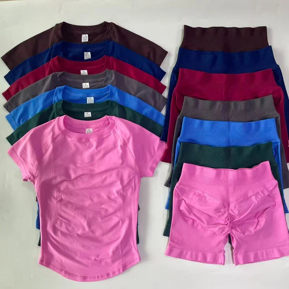 2 Piece Gym Set Women Outfit Longline Short Sleeve Gym Crop Top High Waist Workout Shorts Sports Suit Fitness Clothes Yoga Set