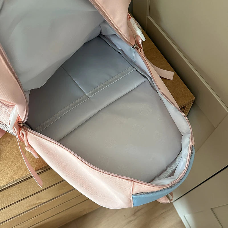 Women's Pastel Color Block Backpack Clear Display Pockets Plush Charm Bow Detail Adjustable Strap Casual Daily Itabag School Bag