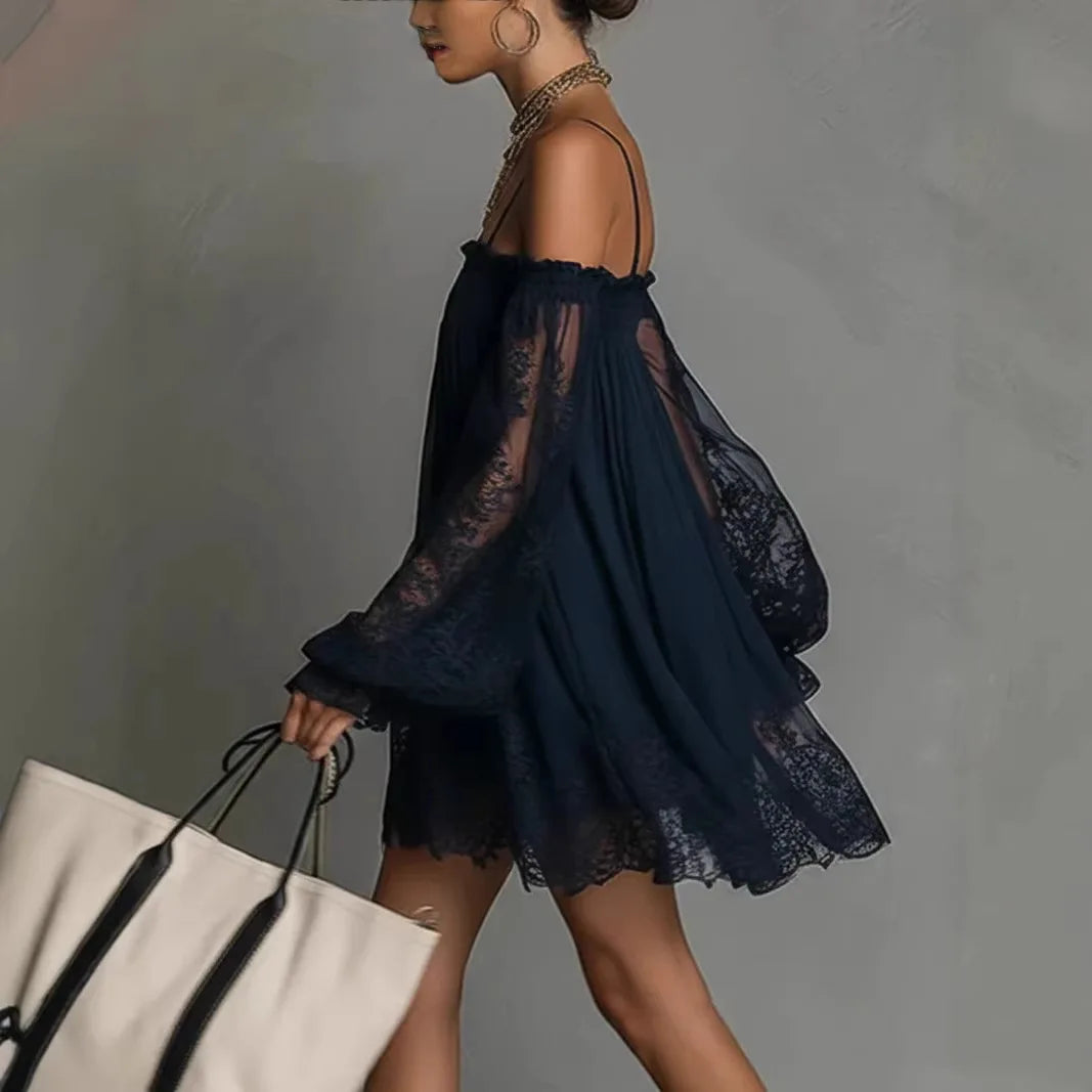 Off Shoulder Women Mini Dress Elegant Suspender Dress Summer Fashion Lace Sheer Long Falre Sleeve Party Evening Chic Dresses