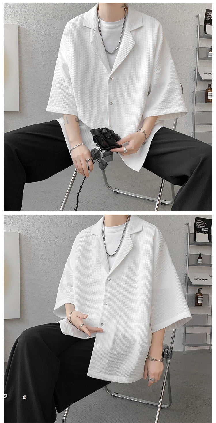 LEGIBLE Spring Summer Solid Shirts Men Casual Oversized Three Quarter Shirts Male Loose Fit Shirt for Man