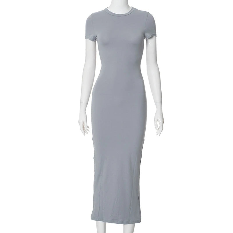2025 Women Solid Color Slim Short Sleeve Casual Pullover Sumer Long Dress Skinny Sexy Daily Dress