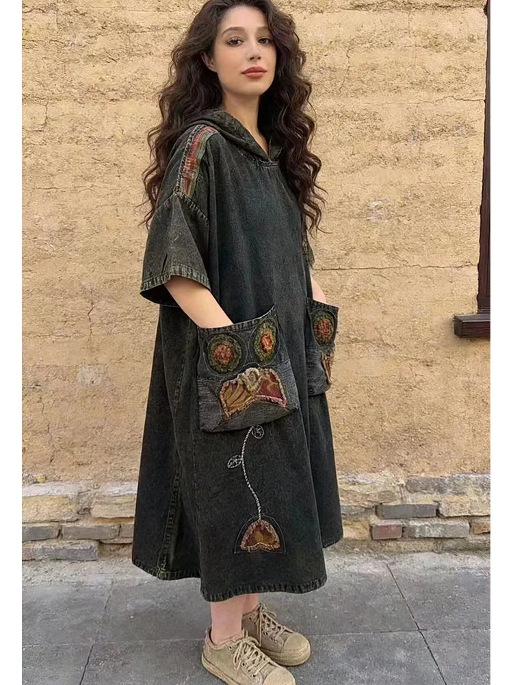 Amax LuluE Spring Vintage Loose Denim Dress Ladies 2026 Fashion Causal Embroidery Vestidos Womens British Classic Luxury Clothes