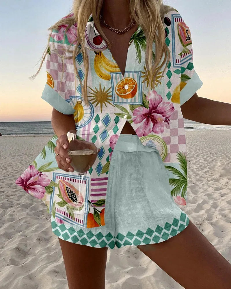Fashion Print Beach Holiday 2-Piece Set Women Summer Short Sleeve Shirt Top + Wide Legs Short Women's Oversized Two-Piece Outfit