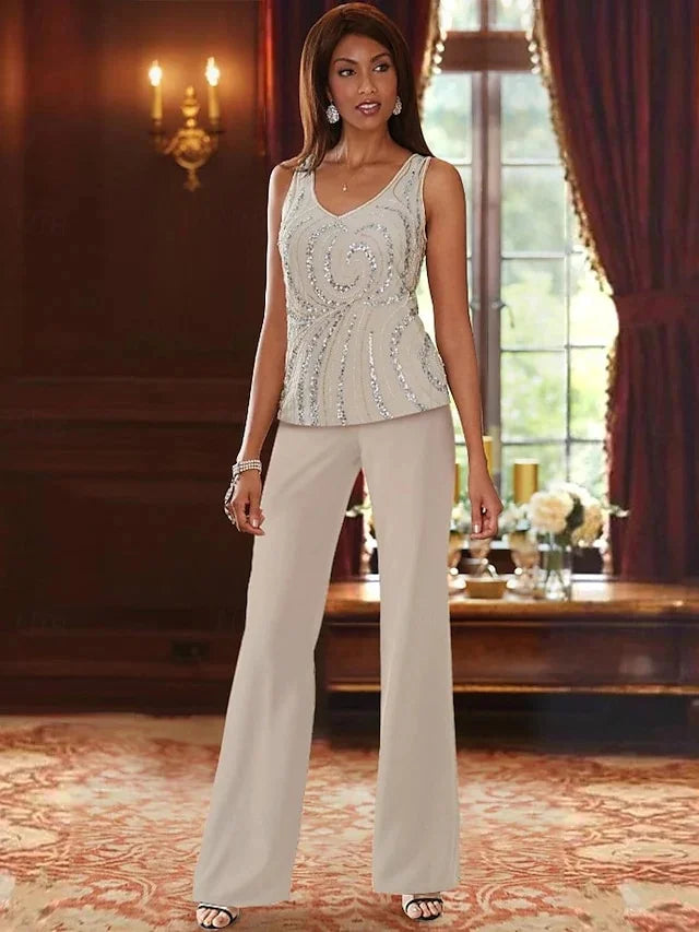 Pantsuit 3 Piece Mother of the Bride Dress Formal Wedding Guest V Neck Chiffon Lace Sleeveless with Beading Sequin 2024