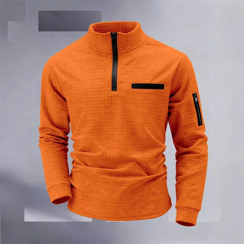 New men's athletic polo shirt, vintage striped design with half-zip closure, slim fit, stylish outdoor long-sleeved casual top.