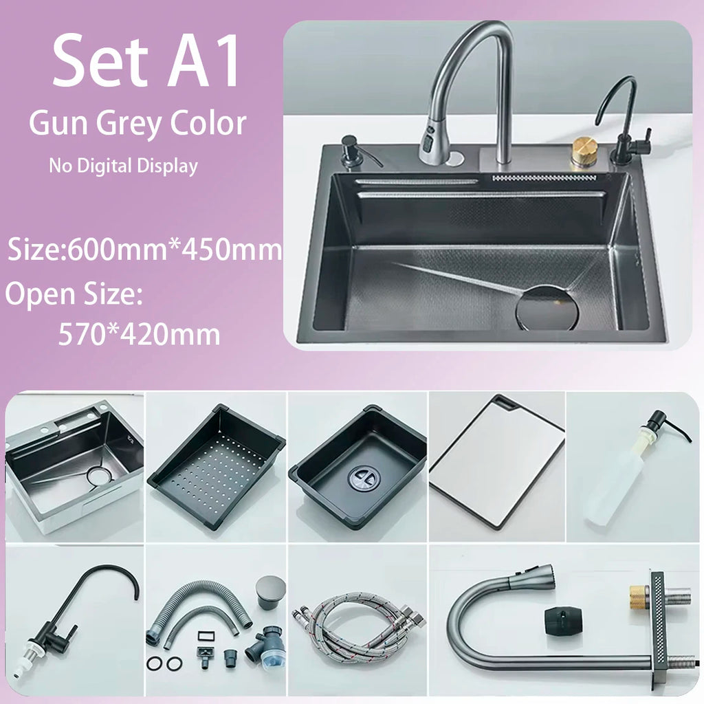 Kitchen Sink Faucet Large Integrate Digital Display Multi-Function Buttons Waterfall Soap Dispenser Cup Washer Kitchen Sink