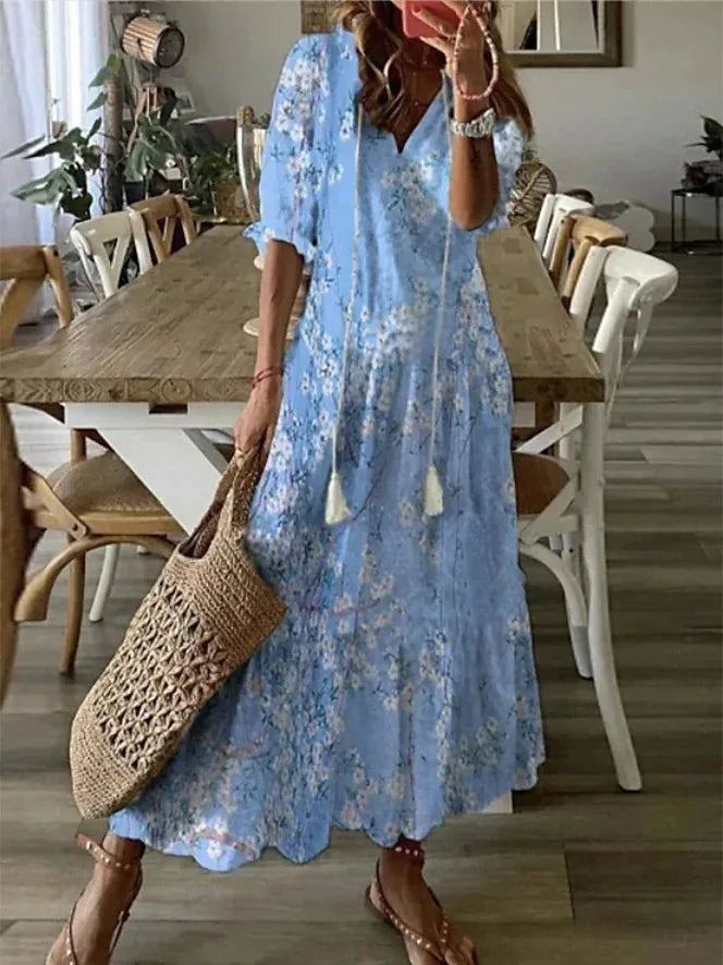 FALL Summer New 2026 Women's Casual Sweet Loose Sexy V-neck Drawstring Fashionable Printed Long Sleeved Boho Bohemian Dresses