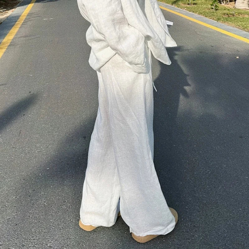 Wide Leg Pants Fashion Women Black Solid Loose Drawstring Baggy Pant 2026 New Spring Summer Casual Pocket High Waist Trousers