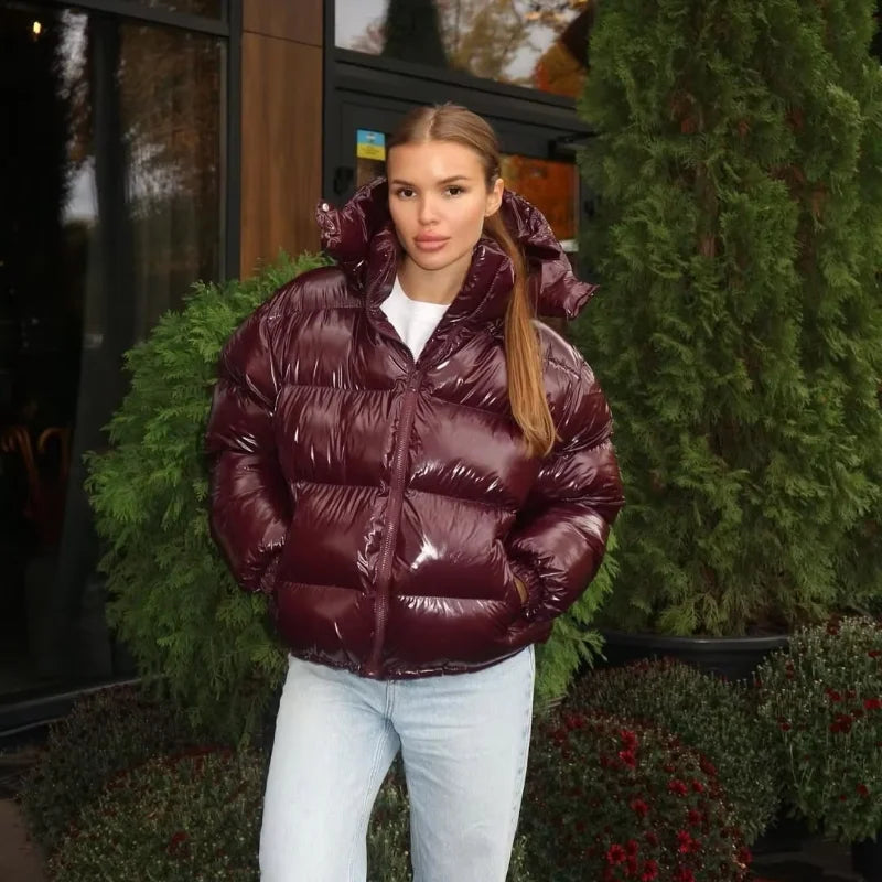 Chic Glossy Zipper Hooded Coat Women's Warm Elastic Waist Pleated Cropped Puffer Jacket 2026 Winter New Lady High Street Outwear
