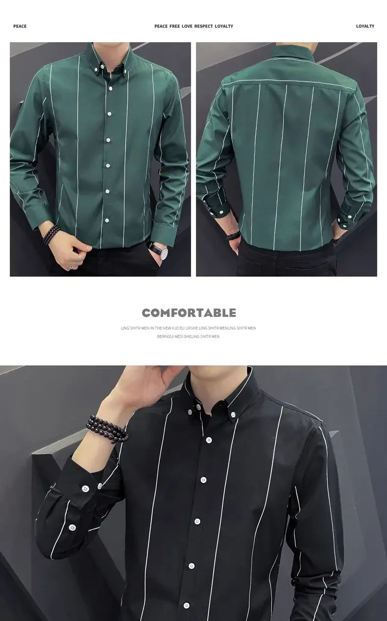 Stylish Men's Striped Shirt Printed Casual Business Dress Shirts Long Sleeve All-Match Slim Fit Fashion Korean Streetwear Shirts