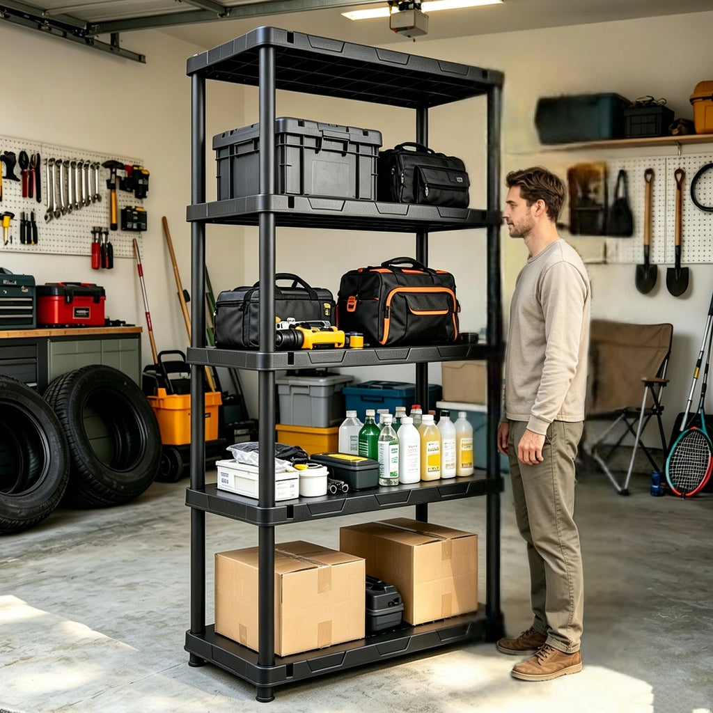 4 & 5 Tier Plastic Storage Shelving Unit, Heavy Duty Black PP Utility Rack, 3 Sizes Available Waterproof Organizer for Garage Kitchen Basement Laundry Pantry