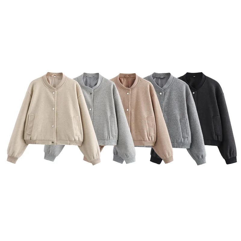 MUJER 2025 Women Jacket Cropped Bomber Jackets For Women Beige Black Tweed Jacket Woman Fashion Long Sleeve New In Short Coats