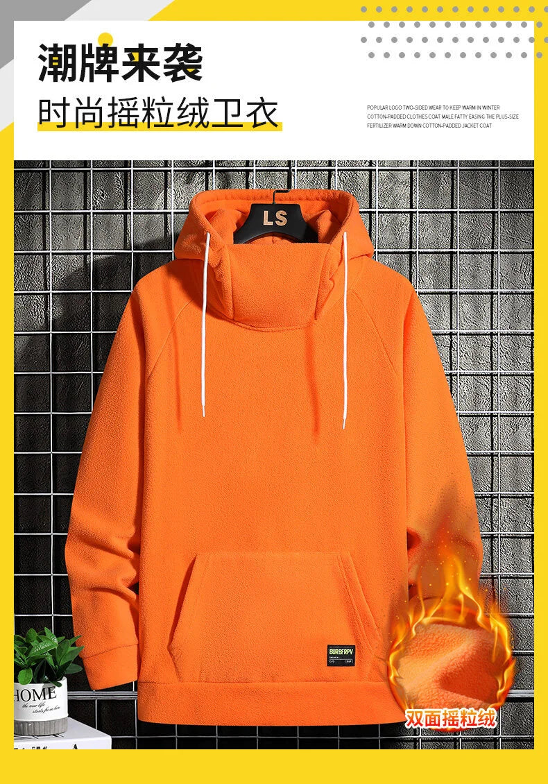 Men's Polar Fleece Sweatshirt Solid Color Street Style Autumn Winter Men Hood Sports Windproof Oversized High Collar Hoodie 5XL