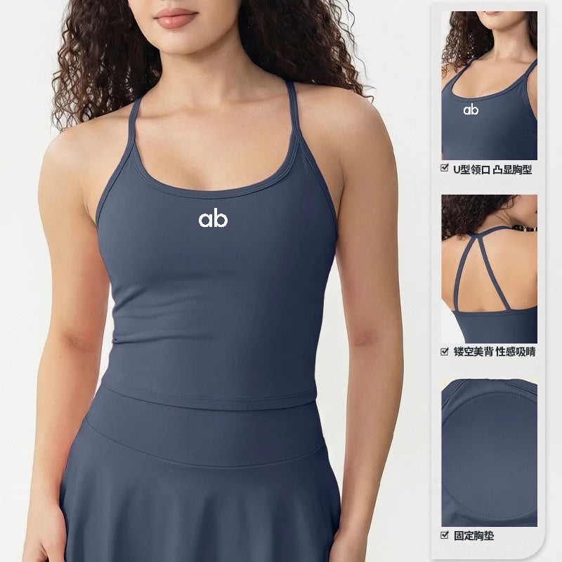 Halter Thin Strap Women Sports Bra Integrated Fixed Cup Cross Back Shockproof Quick Dry Push Up Naked Feeling Yoga Gym Vest