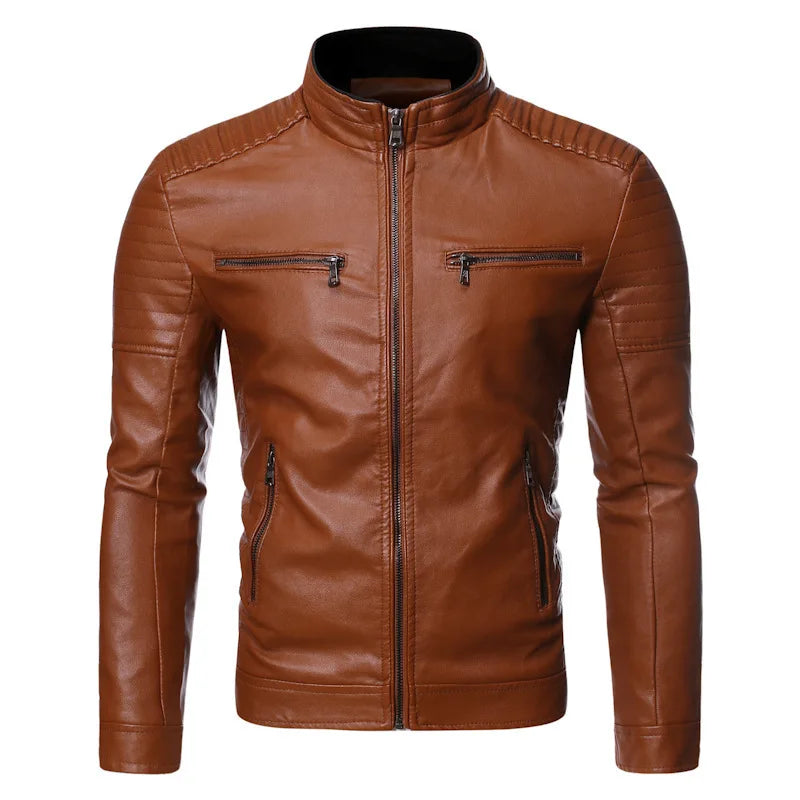 Spring and Autumn Thin Men's Stand-Up Collar Leather Jacket Motorcycle Jacket PU Leather Men's Vintage Jacket