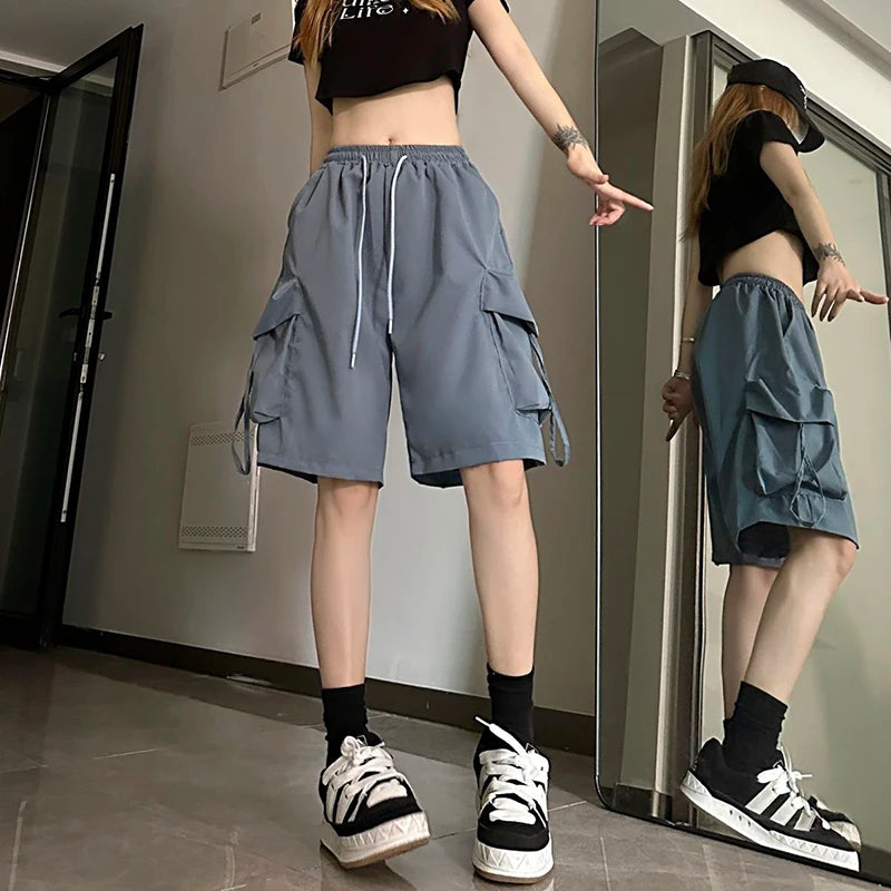 Gidyq Women High Waist Cargo Shorts American Style Streetwear Summer Wide Leg Pants Fashion Female Big Pocket Loose Shorts New