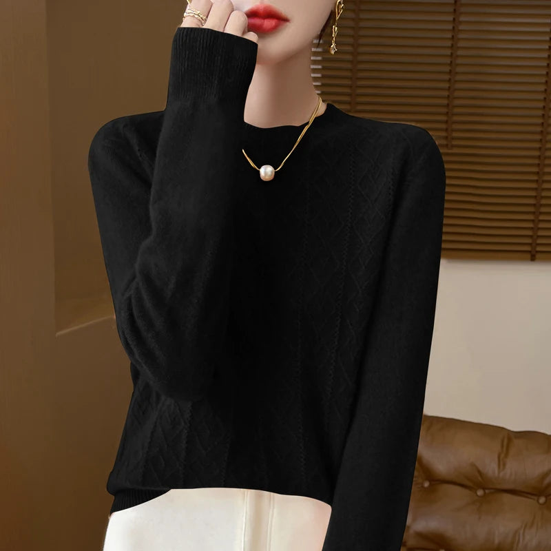 Fall/Winter 2024 New Women's Sweater 100% Pure Wool Lotus Collar Solid Color Loose Knitted Cashmere Pullover