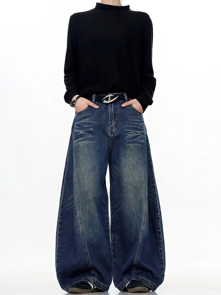 Vintage Black Washed Baggy Jeans Pants Men Wide Leg Curved Blade Pants Streetwear Cowboy Casual Denim Straight Trousers