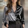 Fashion Women Long Sleeve Silk Shirt Black Turn Down Collar Button Blouse Women Office Tops Mesh See Through Sleeve Satin Shirt