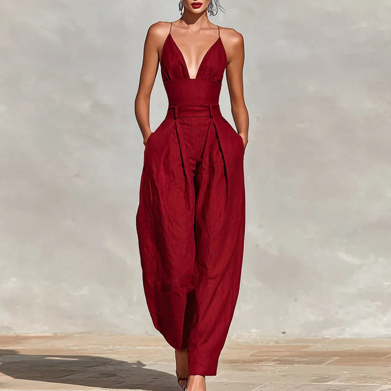 Elegant Sexy V-Neck Spaghetti Strap Jumpsuit Women High Waist Wide Leg Casual Romper Spring Boho Solid Backless Pockets Overalls