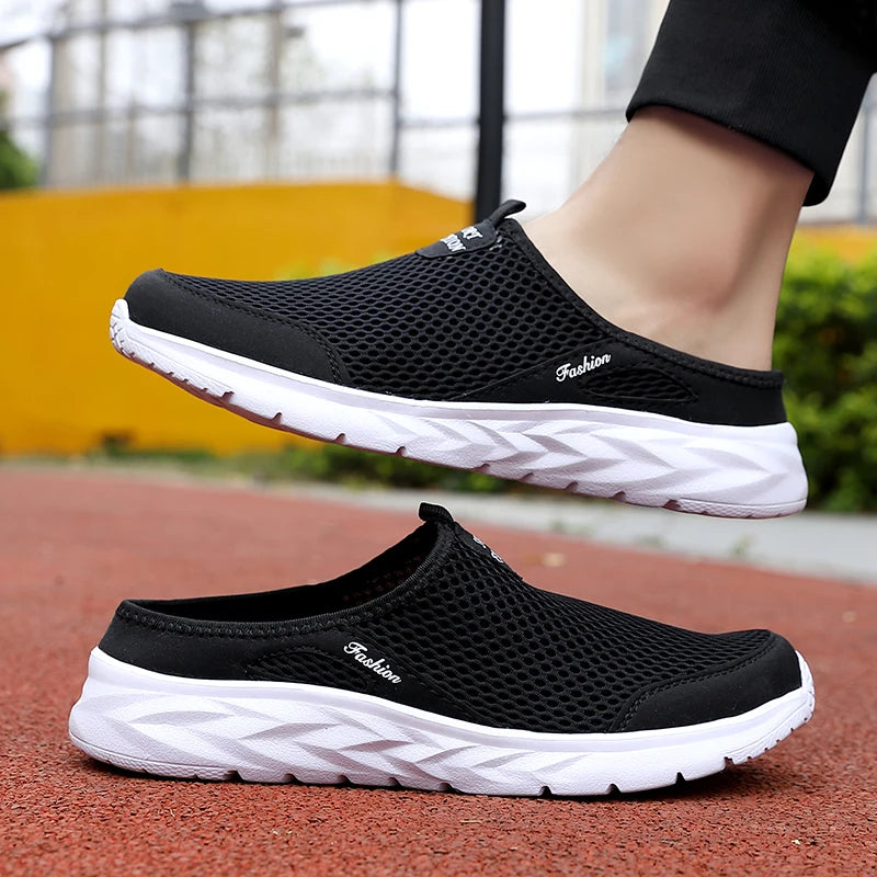 YRZL Mens Half Slippers Summer Breathable Mesh Mens Shoes Outdoor Casual Walking Shoes Large Flat Light Mesh Slippers Sandals