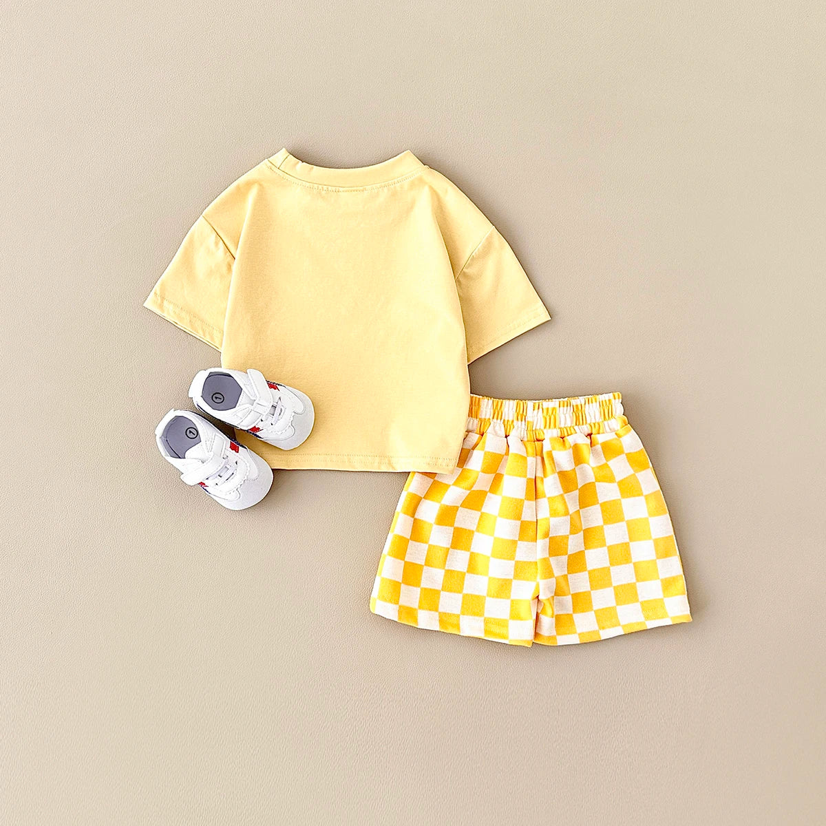 2PCS Kids Clothes Baby Boys Girls Solid Color Short Sleeve T-shirt Plaid Pattern Shorts Sets Baby Clothing Sets 0-3Y