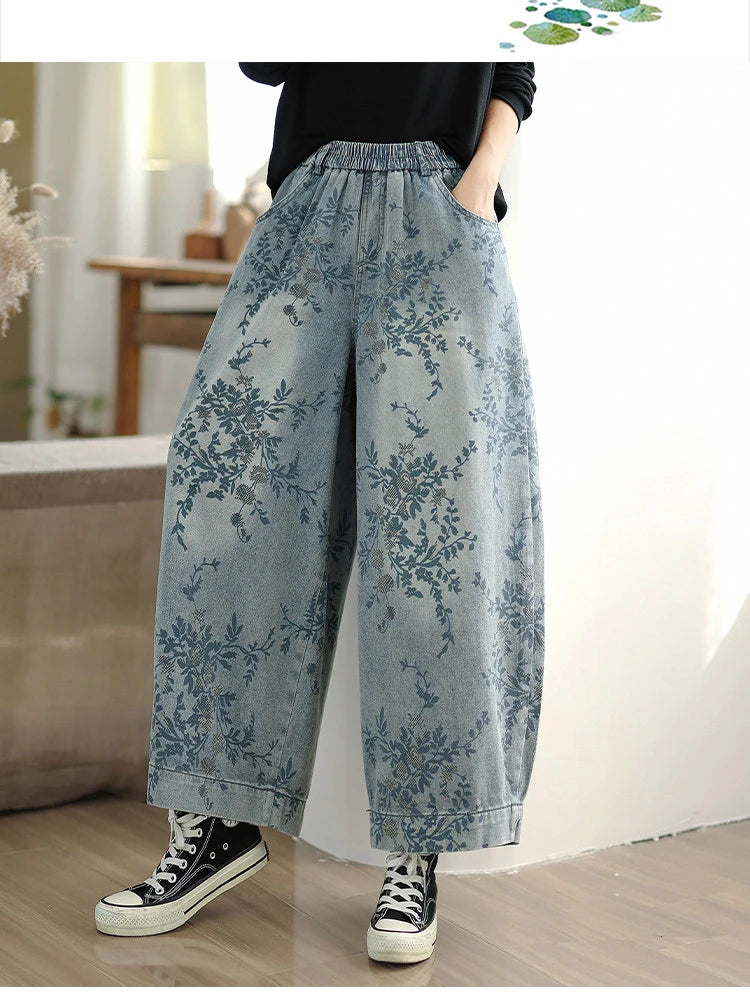 Spring Summer Retro Printed Denim Pants for Women Good Quality Elastic Waist Jeans Loose Casual Wide Leg Straight Trouser