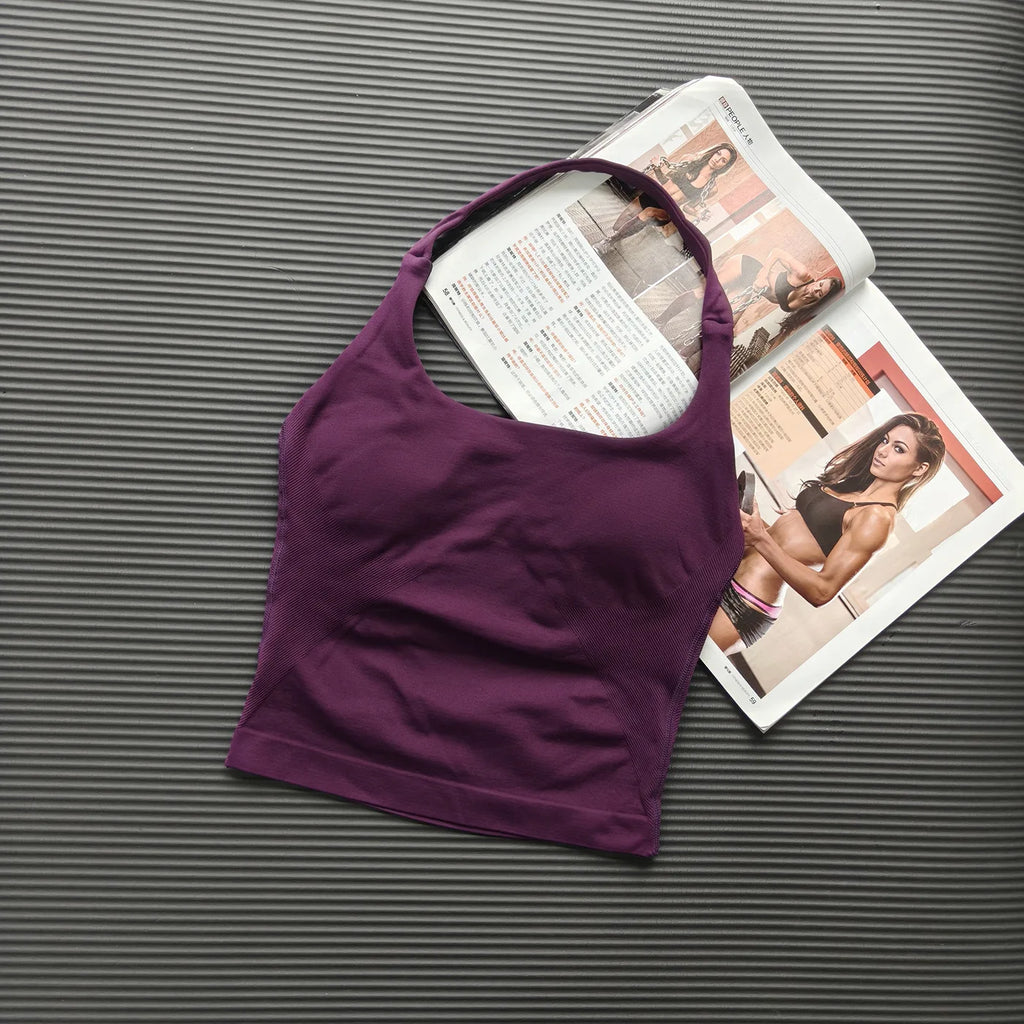 1DF-CY Women Seamless Halter Yoga Crop Top High Elastic Sports Bra Fitness Workout Gym Running Breathable Activewear Tank Top