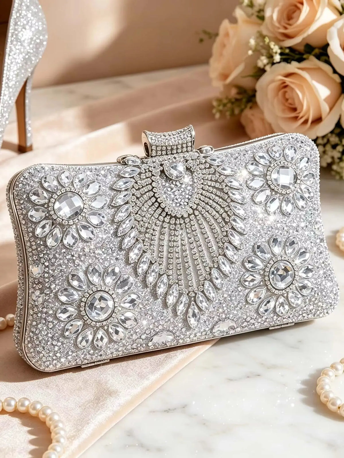 Peacock Full Diamond Silver Evening Clutch Bag with Detachable Chain, Shiny Dress Bag for Wedding Party